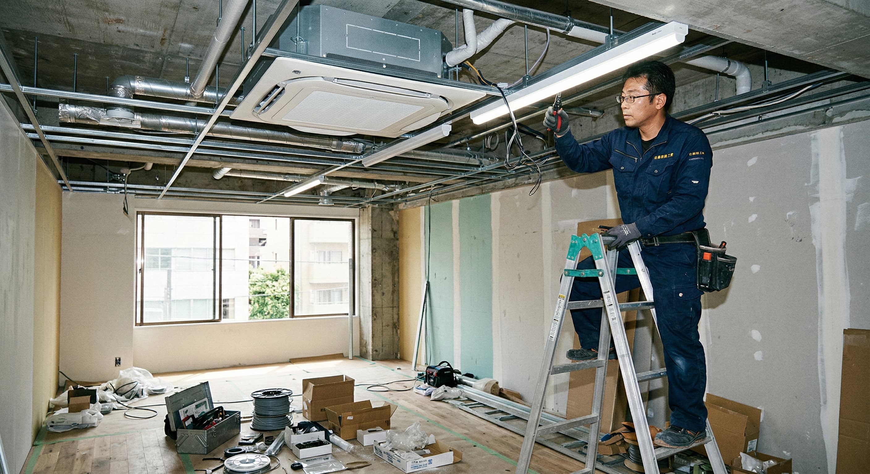 エアコン取り付け作業中の電気工事士