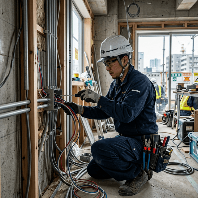 分電盤を専用工具で作業する電気工事士の手元